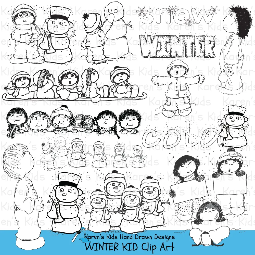 Winter Kids Clipart Snowpeople Snowflakes Bundled Up Kids (Karen's Kids)