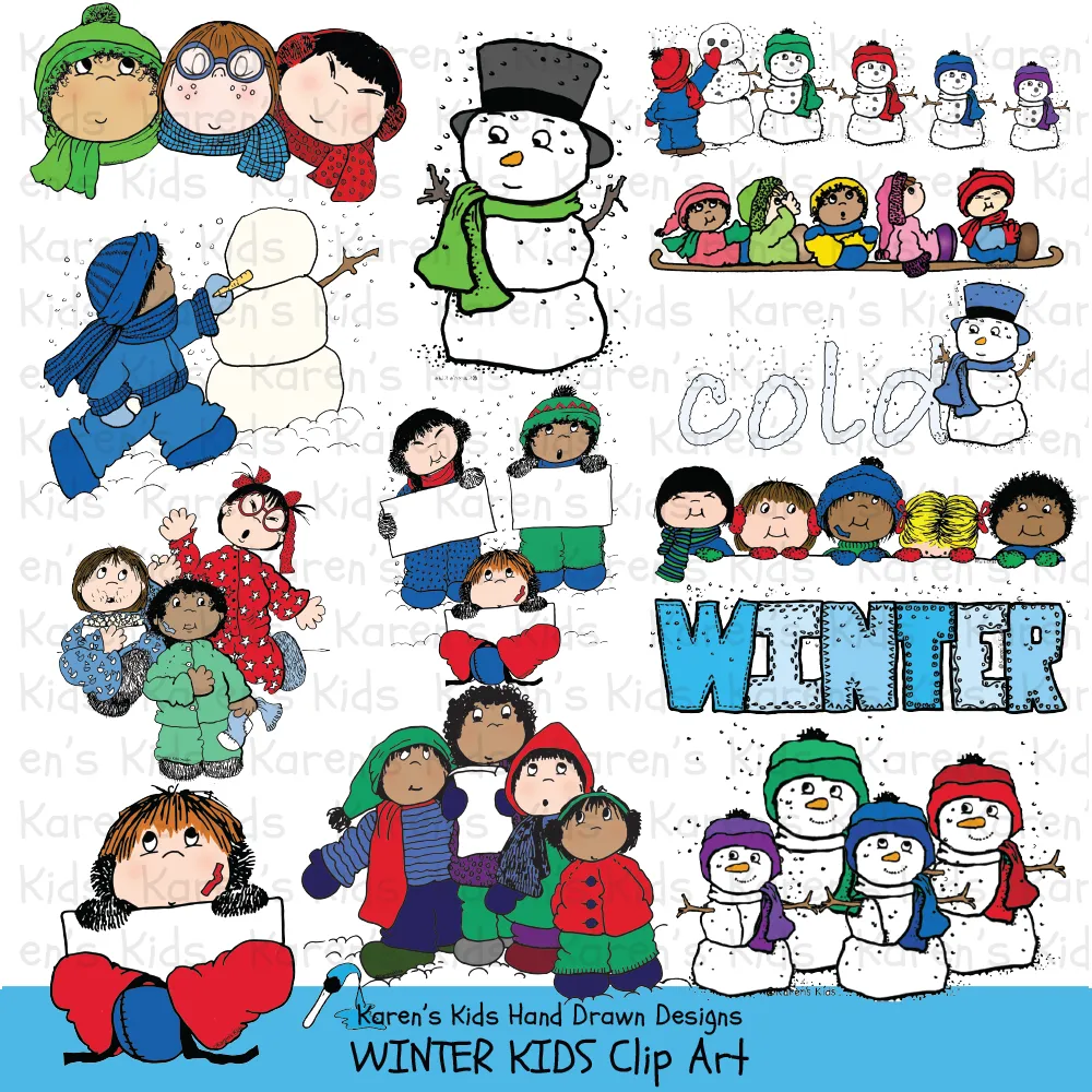 Winter Kids Clipart Snowpeople Snowflakes Bundled Up Kids (Karen's Kids)