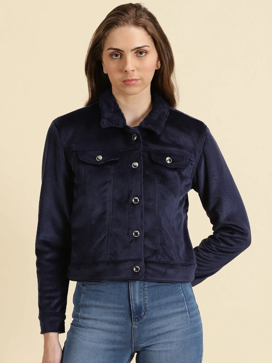 Women's Navy Blue Solid Open Front Jacket