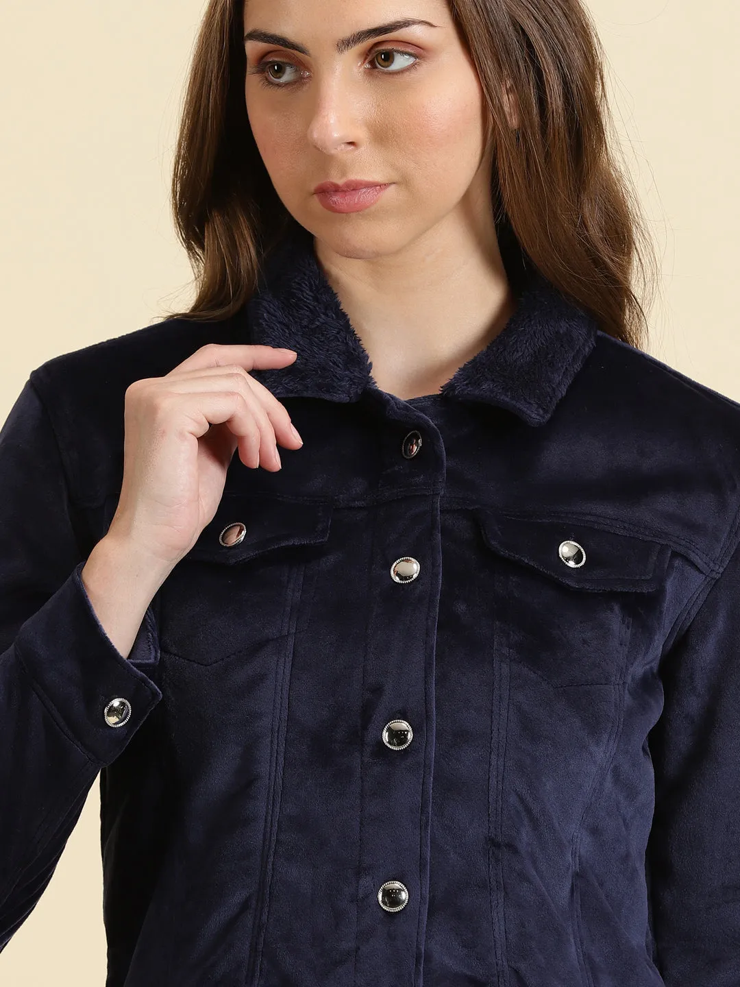 Women's Navy Blue Solid Open Front Jacket