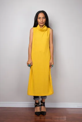 Yellow dress, Mid length turtleneck dress, Split dress, Sleeveless dress, knitted yellow dress