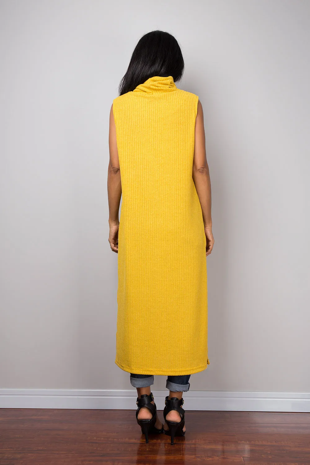 Yellow dress, Mid length turtleneck dress, Split dress, Sleeveless dress, knitted yellow dress