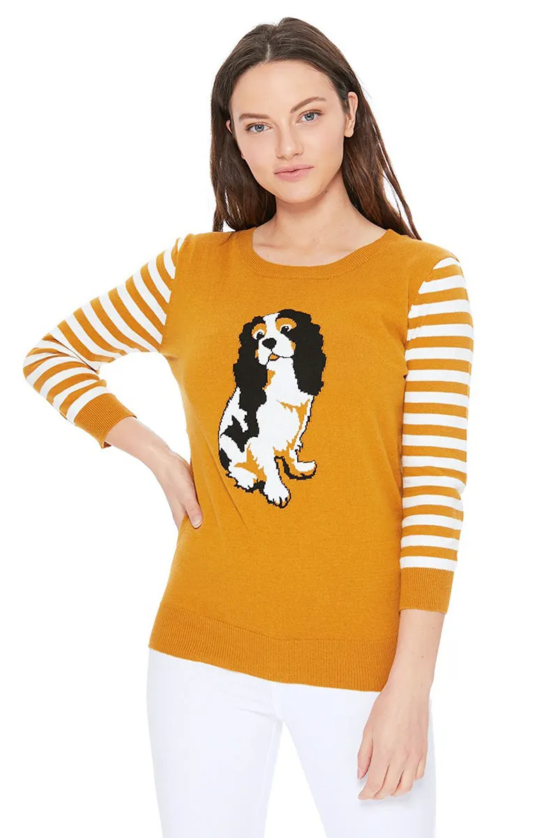 YEMAK Women's King Charles Spaniel Crewneck Jacquard Casual Pullover Sweater MK3199